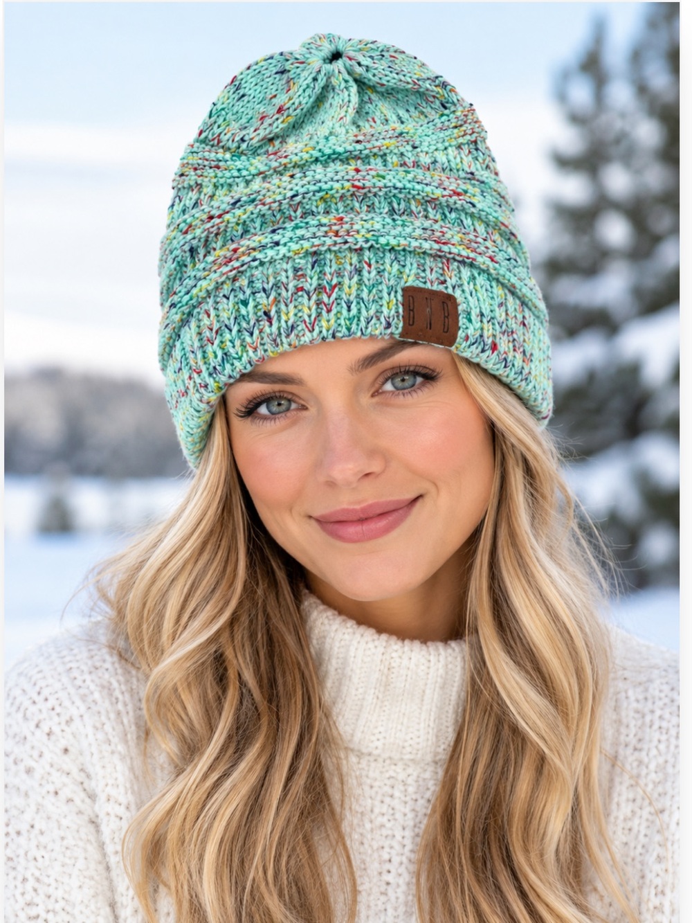 New B N B HEAVEN Women’s Marbled Mint Green Ribbed Cable Knit Beanie Cap
